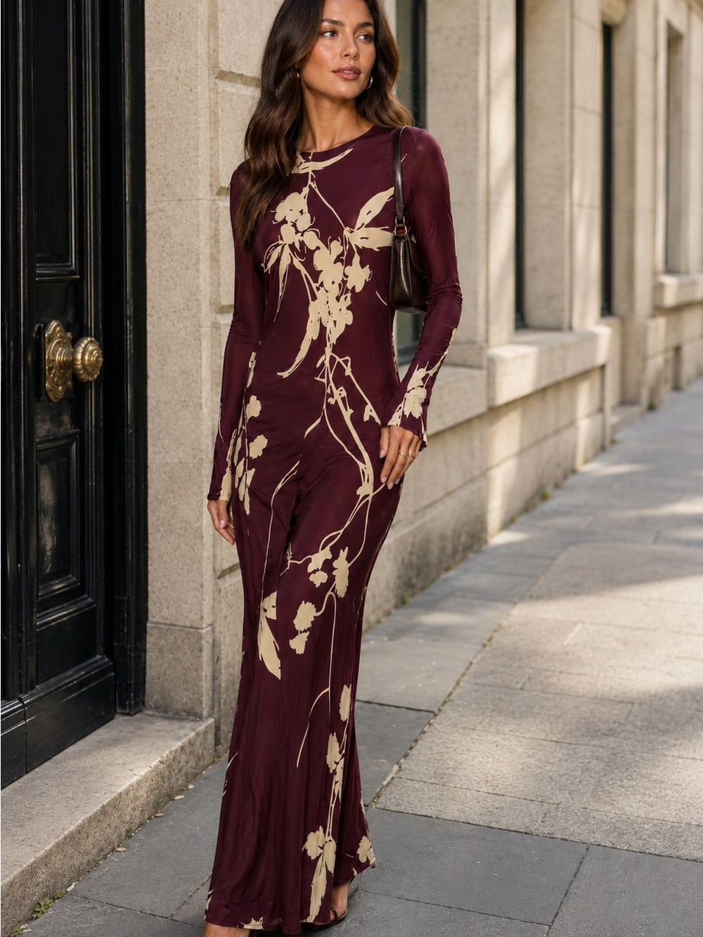 Zara Burgundy Floral-Print Silky Satin Maxi Dress